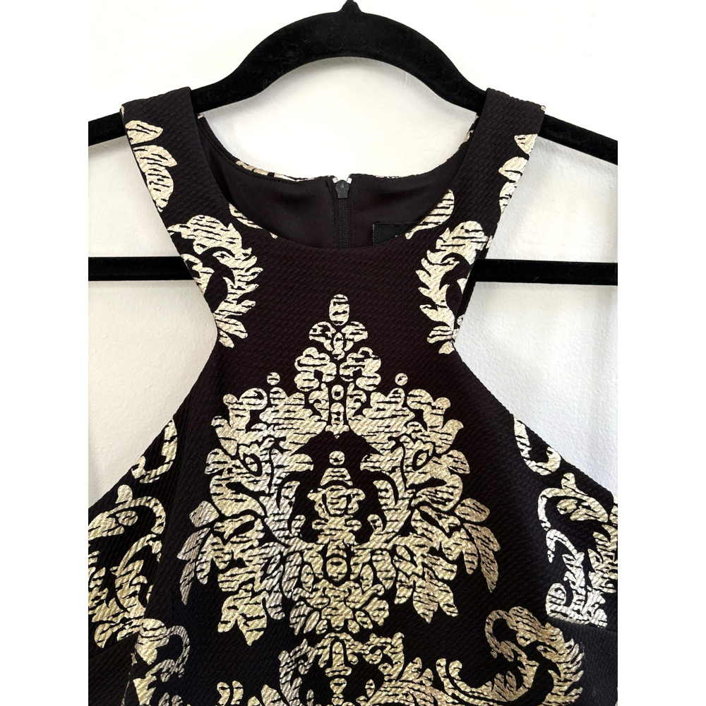 B. Darlin Black Gold Damask Brocade Halter‎ Fit Flare Dress Q816J452G Size 9/10